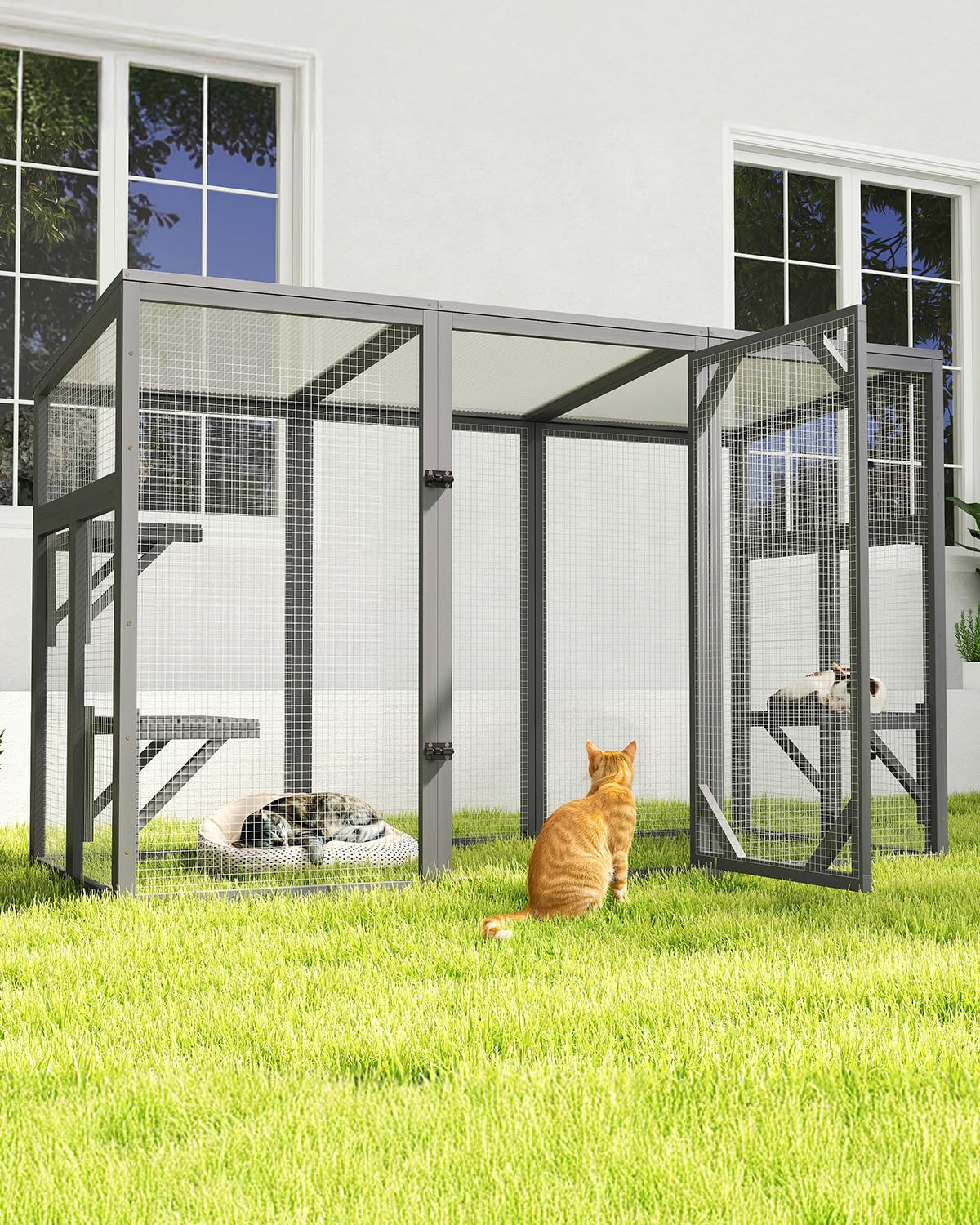 COZIVVOVV Outdoor Cat House, 71" Catio Outdoor Cat Enclosure, Large Cat Houses & Condos, Cattio for Apartment Balcony, Window Cat Cage Weatherproof, Grey COZIVVOVV