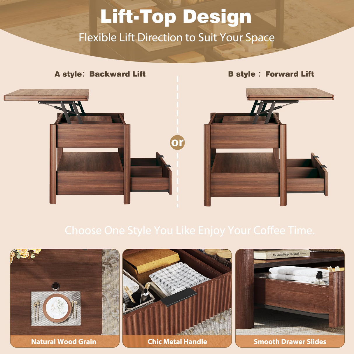 HUAHUU 40" Lift Top Coffee Table, 4 in 1 Square Coffee Table with Storage Shelf & 2 Drawers, Modern Coffee Tables with Lift Tabletop, Converts to Dining Table for Living Room, Home Office, Walnut HUAHUU