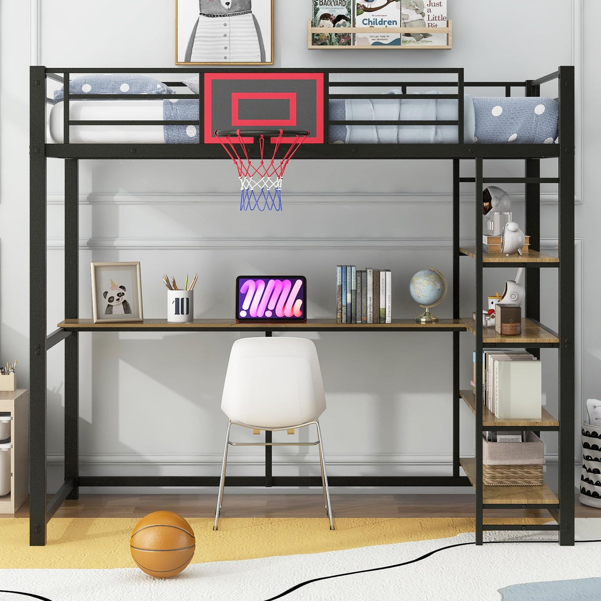 Twin Size Loft Bed with Desk and Storage Shelves,Metal Loft Bed with Basketball Hoop,Heavy Duty Loft Bed Frame for Kids,Teens,Adults,High Loft Bed Frame Twin Size, Space Saving, Black Bellemave