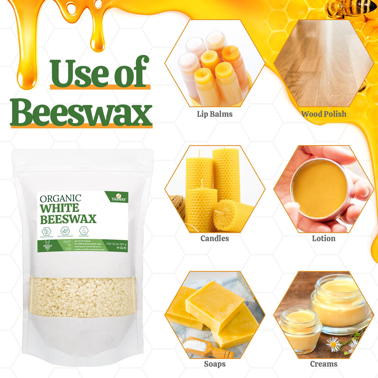 YASNAY White Beeswax Pellets 2LB, 100% Organic Beeswax, Beeswax for Candle Making, Body, Skin Care DIY, Lip Balm and Soap Making Supplies YASNAY