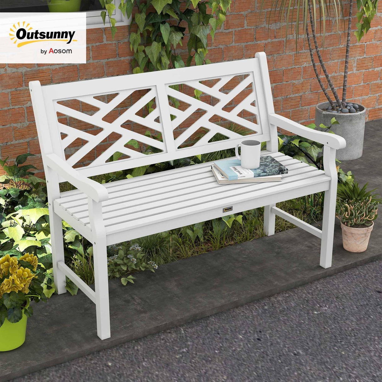 Outsunny Outdoor Garden Bench, Wooden Frame Patio Bench with Geometric Pattern, 43.25 Inch Weatherproof 2-Person Love Seat for Garden, Lawn, Porch, Yard, Work Entryway, White Outsunny
