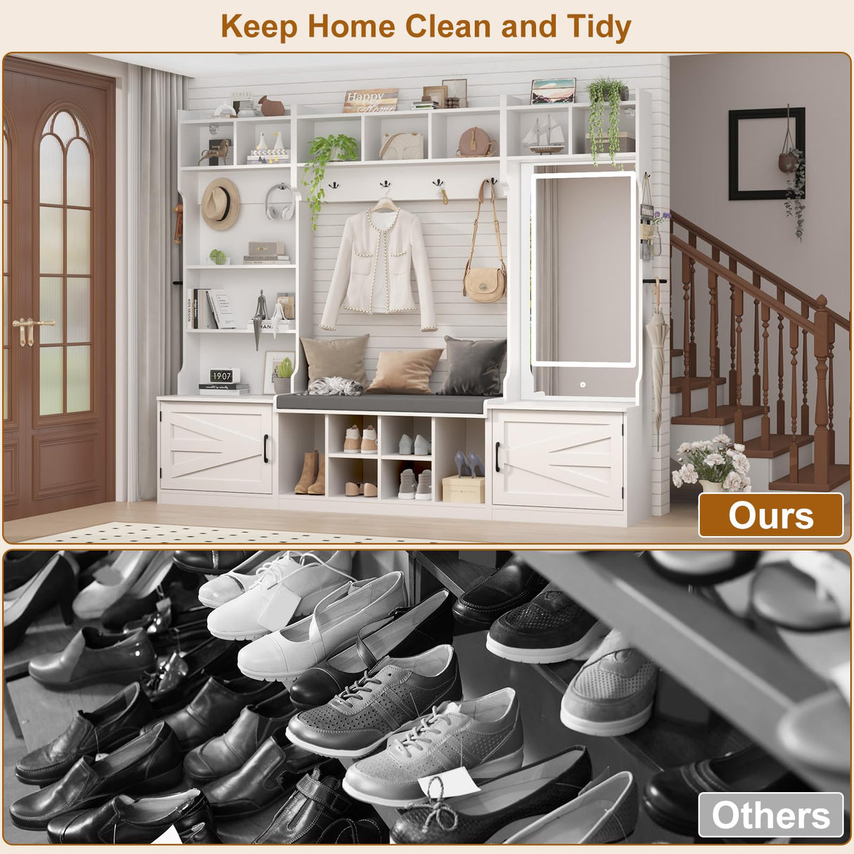 chartustriable 86.6" Wide Extra Large Farmhouse Hall Tree with 3-Color LED Mirror, Entryway Bench with Bench and Shoe Storage, Shoe Shelves,Umbrella Holder, Mudroom Hallway Storage Cabinet chartustriable