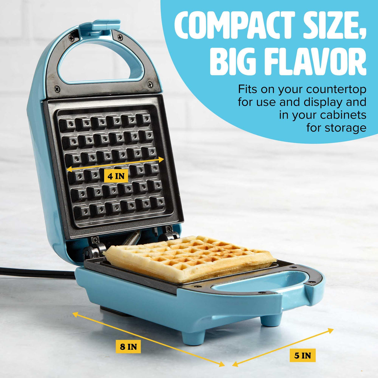 Tasty Mini Nonstick Waffle Maker, Perfect for Individual Waffles, Hash Browns, Brownies and more, Quick Results, Easy Clean Up, 600W, Blue Tasty