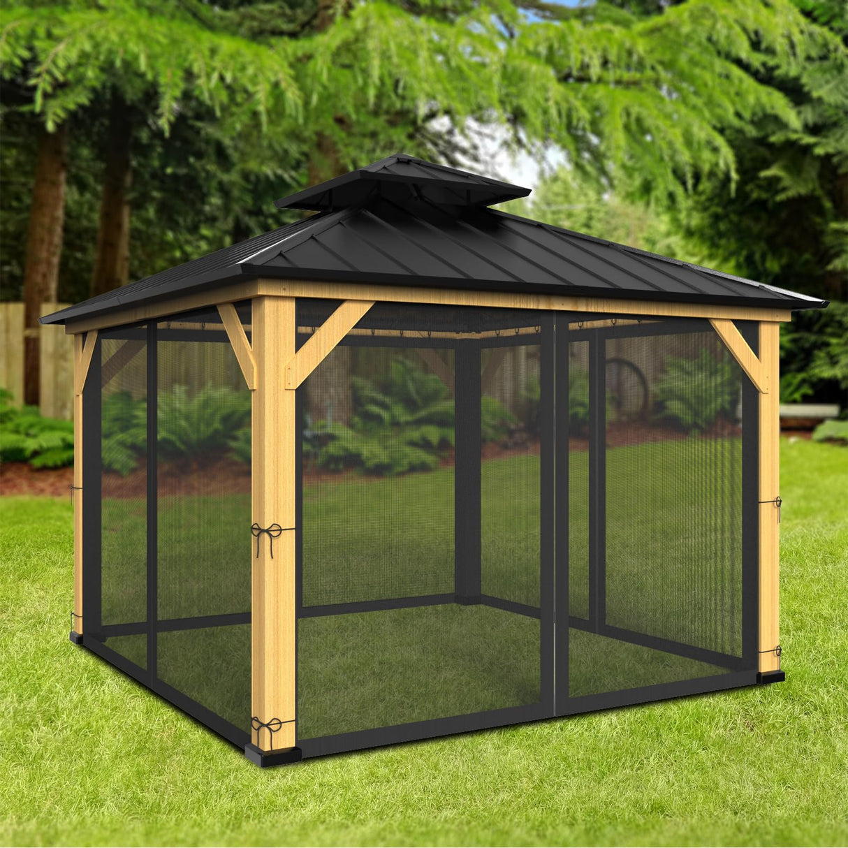 12-ft x 12-ft Gazebo Netting,Gazebo Replacement Mosquito Netting,Universal 4-Panel Mesh Screen Walls with Zippers(Only Netting)-Black Zupoquk