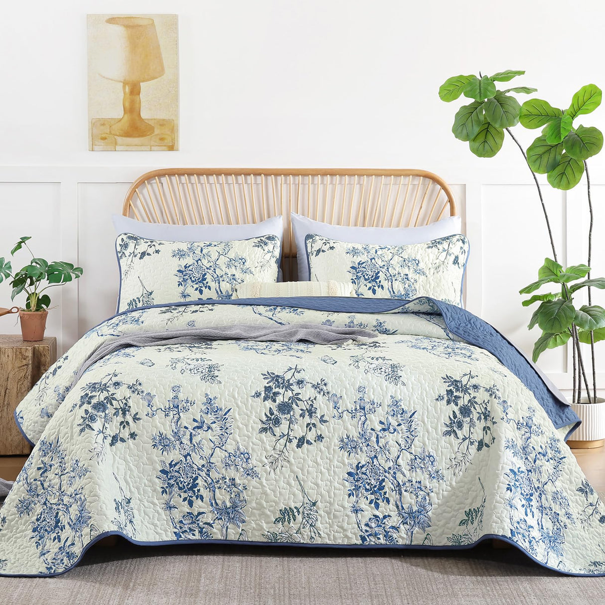 WONGS BEDDING Blue Floral Quilt Set King,Botanical Leaf & Butterfly Pattern Bedspread Coverlet Set,Soft Beautiful Farmhouse Plants Quilts Bedding Set for All Seasons(104"×90") WONGS BEDDING