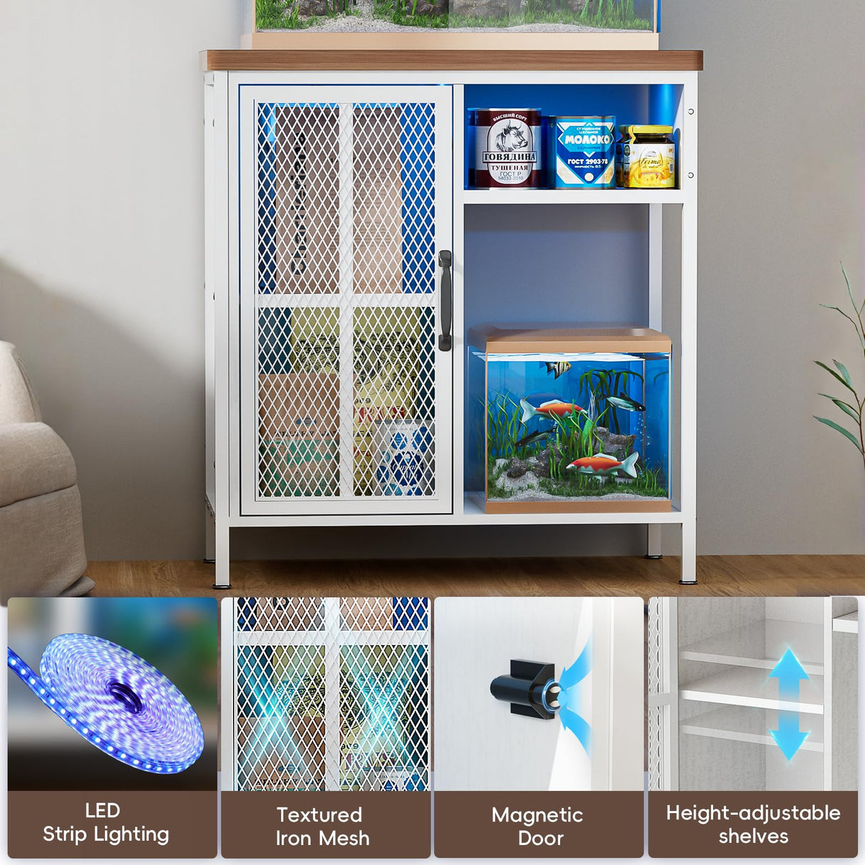 HAIOOU 20-29 Gallon Aquarium Stand with LED Light & Power Outlets, Cross Design Metal Frame Fish Tank Stand Aquarium Table with Cabinet Storage for Turtle Tank Reptile Terrarium, 360LBS Loads - White HAIOOU