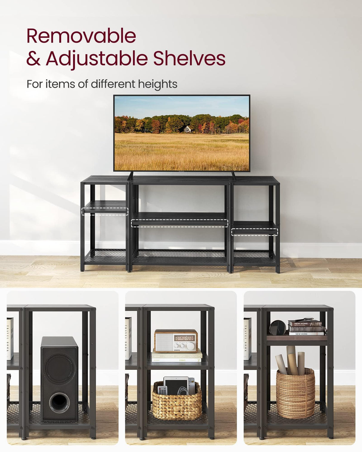 VASAGLE TV Stand for 65 Inches TVs, Industrial Entertainment Center, Modern TV Console with Open Storage Shelves for Living Room, Bedroom, Black ULTV105B22 VASAGLE