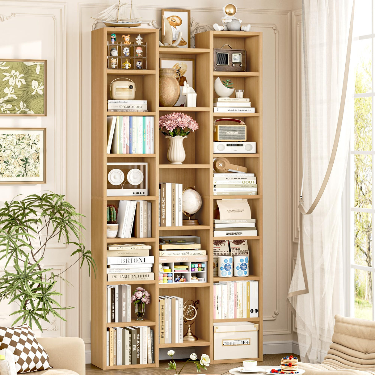 FOTOSOK 71โโ Tall Bookshelf, Triple Wide Bookshelf with Adjustable Shelves, 8 Tier Media CD DVD Storage Rack, Diaplay Cabinet Shelf, Wooden Book Shelf DVD Storage Shelf for Home Office, Natural FOTOSOK