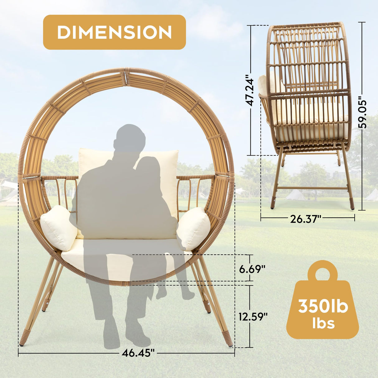 Yechen Egg Chair Outdoor, Oversized Wicker Patio Chairs with 350LBS Capacity, Rattan Porch Chair, 6.69'' Cushions for Living Room, Bedroom, Garden, Round Nest Chairs with Steel Stands Easy Assembly Yechen