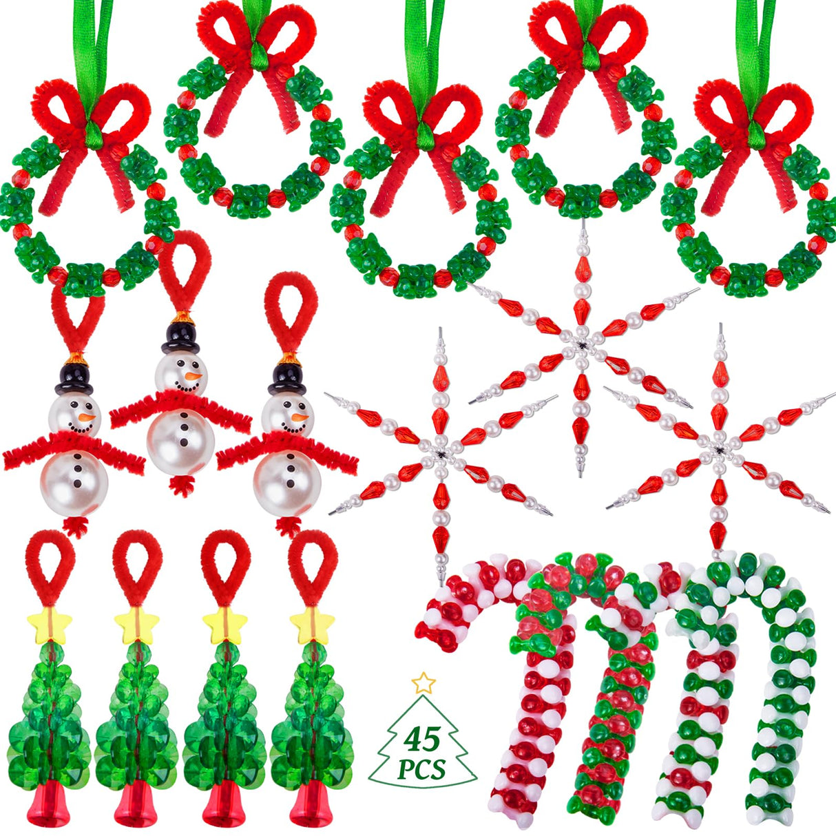 NLUS Christmas Crafts for Kids Adults, 45 Pcs Christmas Beaded Ornament Kits Holiday Crafts - Including Snowman/Christmas Tree/Wreath/Candy Cane/Snowflake (Assembly Required) NLUS