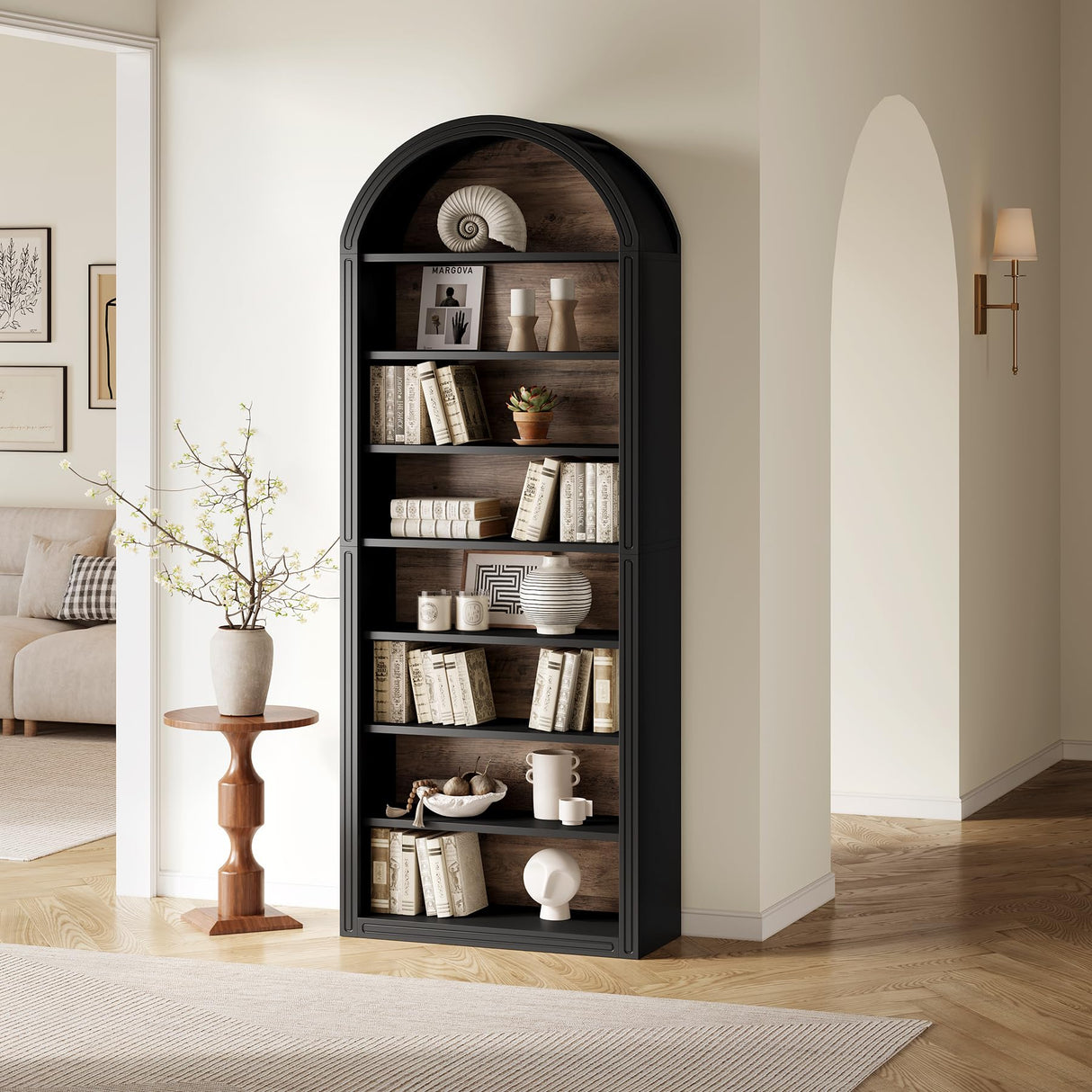 LITTLE TREE 8-Tier Bookcase, 78.7" Tall Bookshelf with Arched Top, Large Freestanding Wooden Open Bookcase Bookshelf, Modern Book Shelf Organizer for Living Room, Bedroom, Office, Library, Black Brown LITTLE TREE