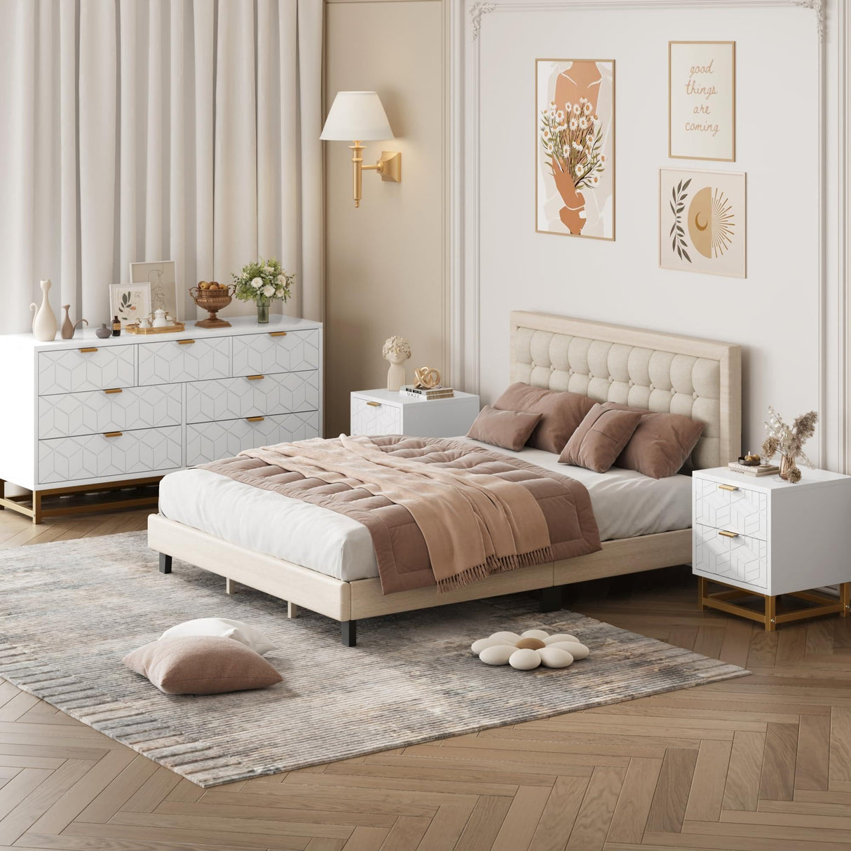 Dresser for Bedroom, 53.5" Wide Dresser Organizer, 7 Drawer with Golden Metal Handle and Legs, Modern Chest of Drawers for Closet, Hallway, Living Room, Entryway, White GAOMON