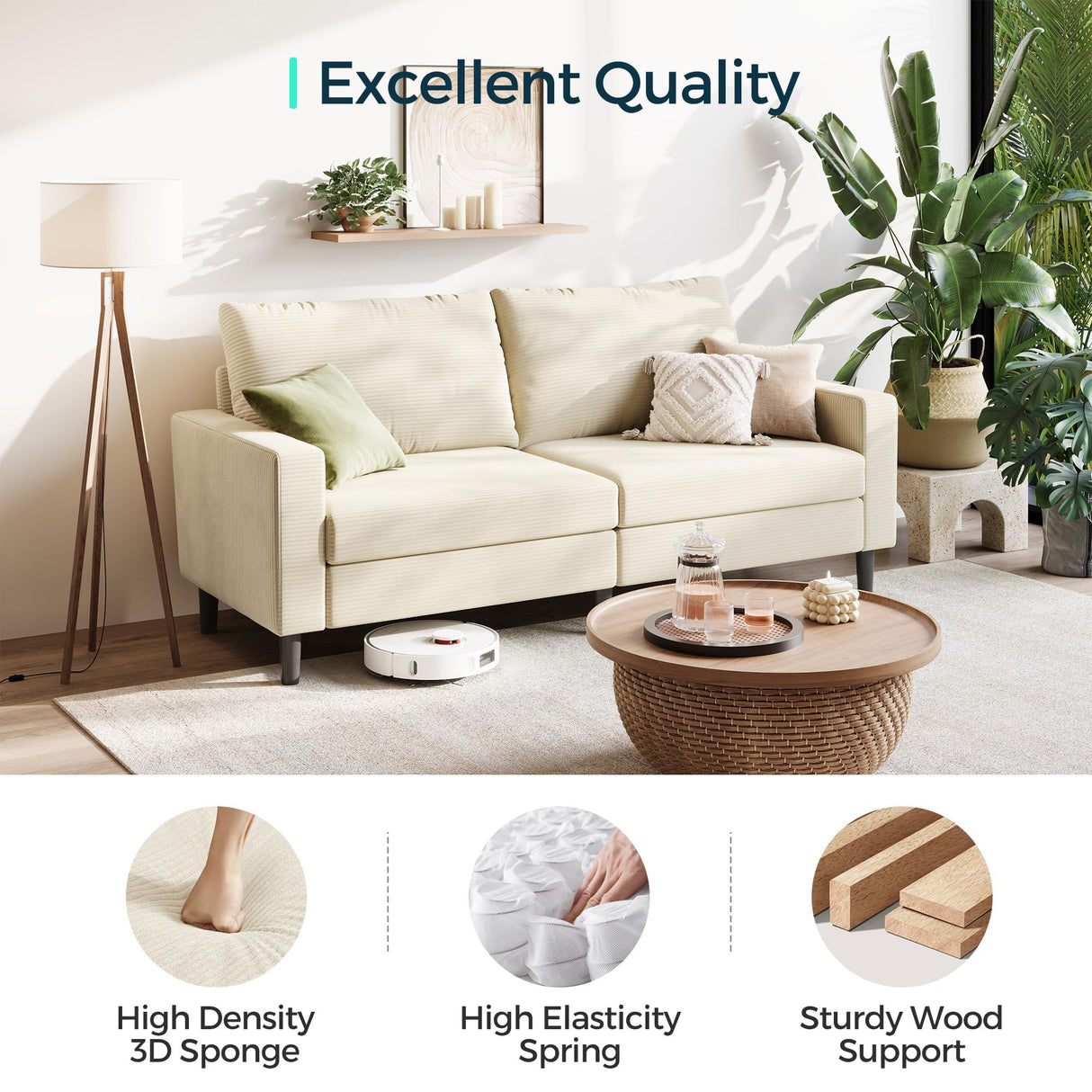 LINSY 79'' Beige Loveseat Sofa - Comfy Couch Corduroy Love Seat Couch with Adjustable Seat Depth Ergonomic Design Modern 2-Seater Soft Sofa for Living Room Bedroom Apartment Office, Beige LINSY