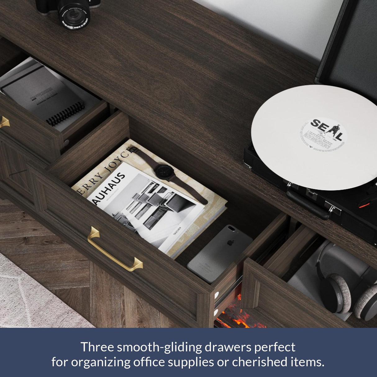 BELLEZE 68 Inch Farmhouse TV Stand with 36" Electric Fireplace with Sound, Entertainment Center with Storage Cabinets & 3 Drawers for TVs up to 75", Media Console for Living Room & Bedroom (Brown) BELLEZE