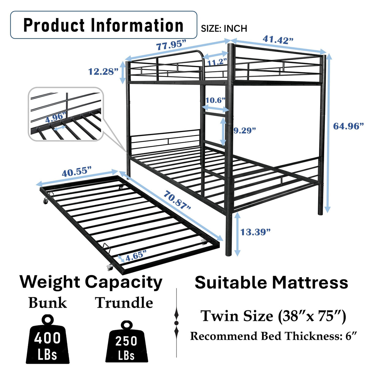 ASKVDL Twin Over Twin Metal Bunk Bed with Trundle,Convertible Twin Size Bunkbeds for Kids Teens Adults,Heavy Duty Metal Slats Bed Frame/Save Space,No Spring Box Required,Black ASKVDL