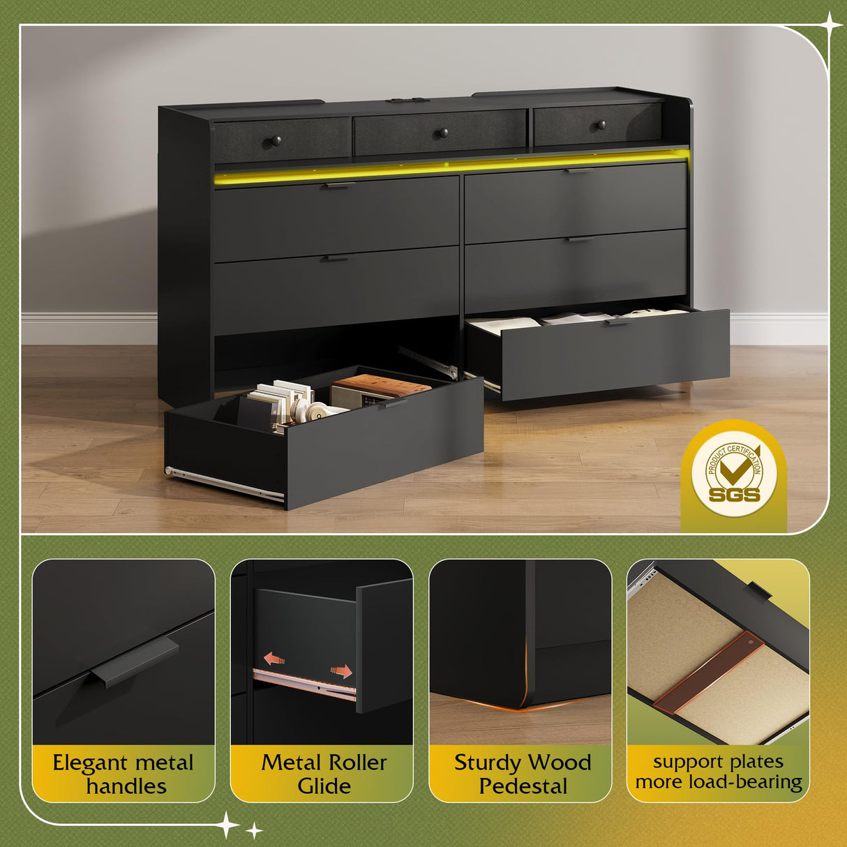 WLIVE 9 Drawer Led Dresser for Bedroom, 58.35'' Black Wood Dresser Storage Organizer with Power Outlets for 65'' TV, Dressers with Open Shelves, Chest of Drawers for Closet, Living Room WLIVE