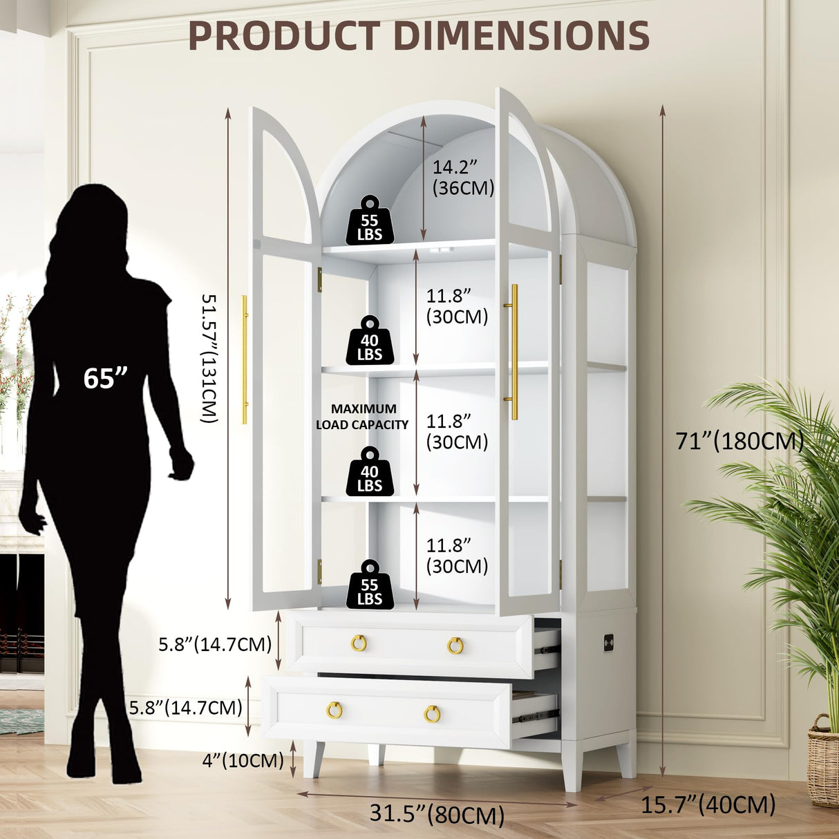 Vlsrka 71 Inch Arched Curio Cabinet, 4-Tier Display Cabinet and 2 Drawers, Tall Bookcase with 3 Color Lights, Display Case with Glass Doors, Kitchen Pantry, White Vlsrka