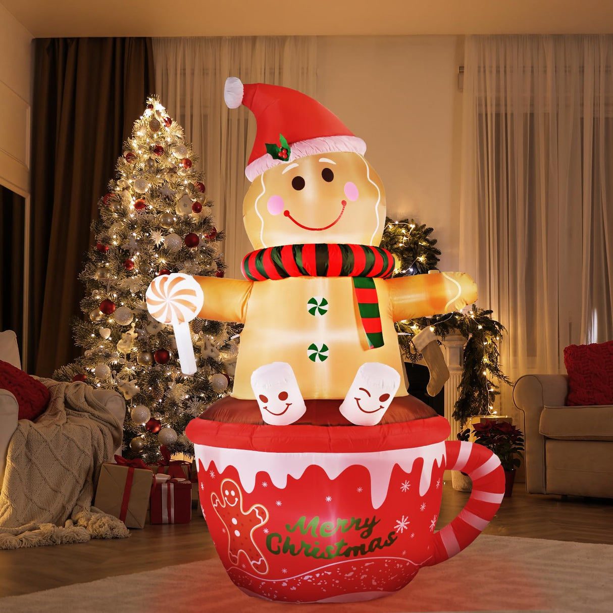 7.5 FT Christmas Inflatable Outdoor Decoration, Gingerbread Man Hot Cocoa Cup Christmas Blow up Yard Decorations with Buit-in LEDs, Gingerbread Inflatable Holiday Indoor Outdoor Party Patio Xmas Gifts Pattiumo