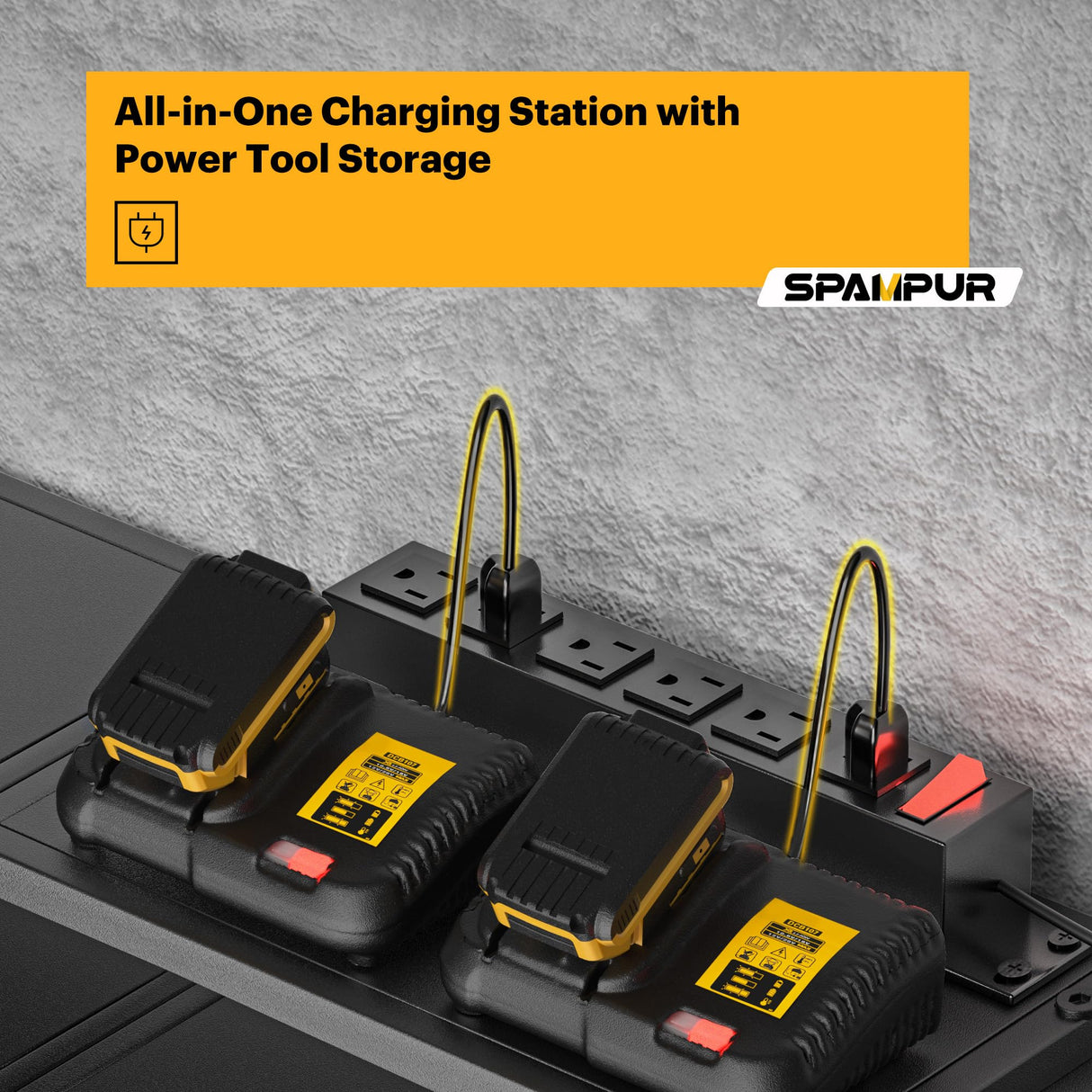 Spampur Power Tool Organizer with Charging Station, 8 Drill Holder Wall Mount, 4 Layer Storage Rack for Garage storage, Heavy Duty Utility Racks, Tool Battery Shelf with 6 Outlet Power Strip Spampur
