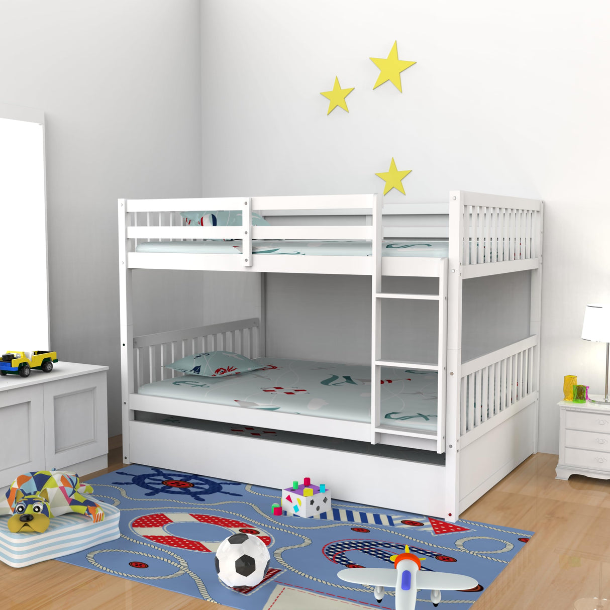 WIILAYOK Full Over Full Bunk Bed with Trundle, Convertible to 2 Full Size Platform Bed, Full Size Bunk Bed with Ladder and Safety Rails for Teens, Adults, White WIILAYOK