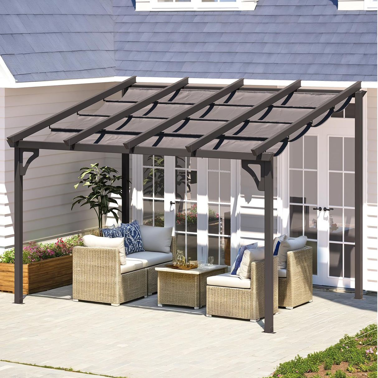 AECOJOY 10' x 8' Gazebo for Patio, Retractable Pergola with Adjustable Sun Shade Canopy Roof, Small Wall-Mounted Lean to Outdoor Pergolas and Gazebos Clearance, Metal Awnings for Decks, Patio AECOJOY