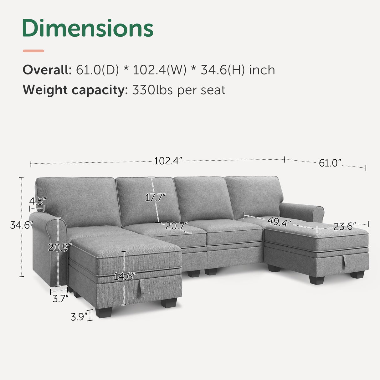 HONBAY Sectional Sofa with Storage Seat U Shaped Sectional Couch with Reversible Chaise Convertible Sectional Couches for Living Room,Light Grey HONBAY