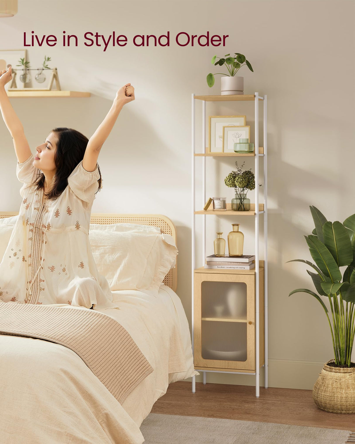 VASAGLE 6-Tier Bookcase, Slim Bookshelf with PC Door, Freestanding Storage Shelf with Metal Frame, Adjustable Shelf, for Living Room, Oak Beige and Pearl White ULLS123W57 VASAGLE