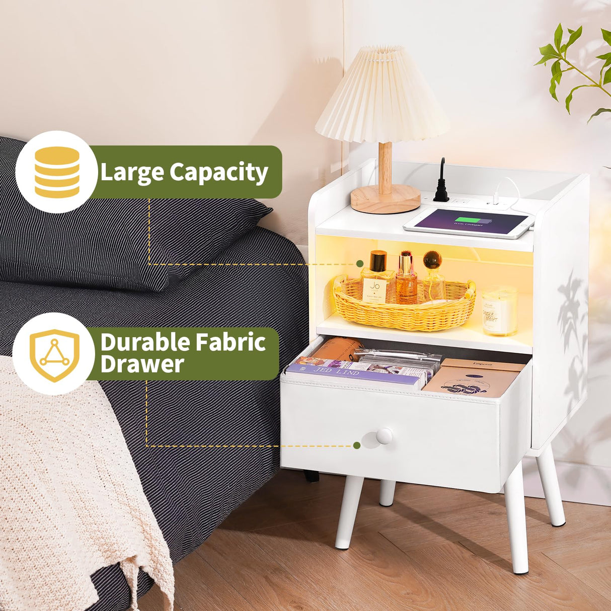 Yoobure Nightstand with Charging Station, Modern Night Stand with LED Lights, Wood Nightstands with Fabric Drawer & Storage Shelf, Night Stands Bedside Table with USB Ports for Bedroom, Office, Home Yoobure