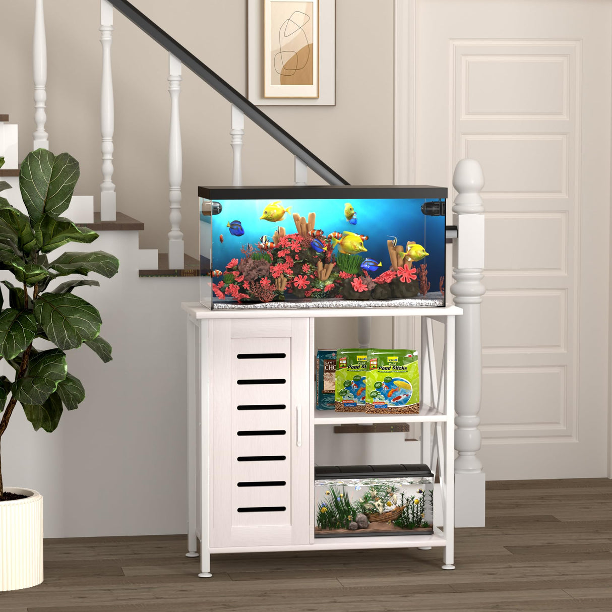 Herture 20-29 Gallon Fish Tank Stand, Aquarium Stand with Cabinet Accessories Storage, Heavy Duty Metal Frame, 31.49" L*15.74" W Tabletop, 330LBS Capacity,White PG07YGW Herture