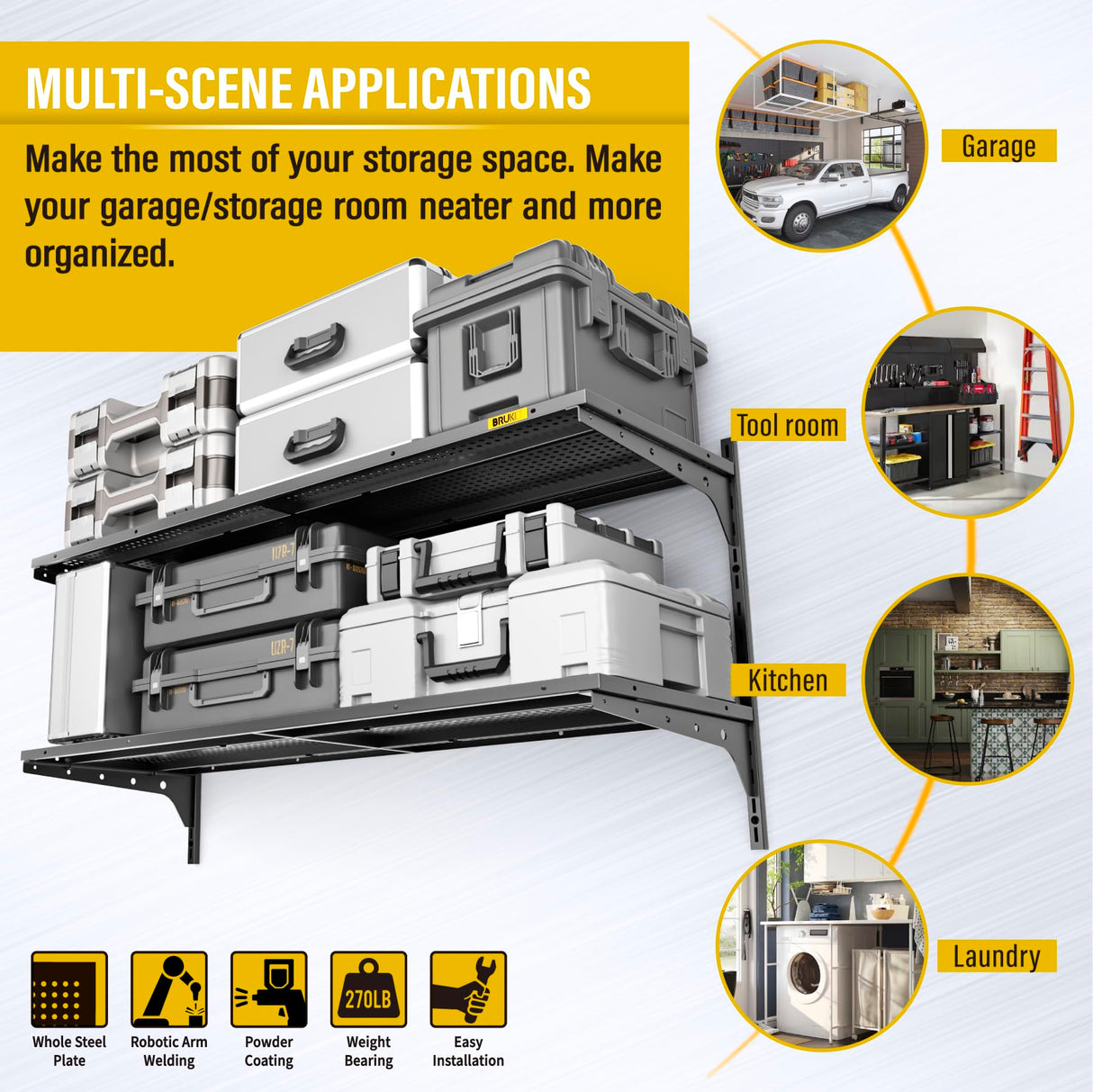 Brukid 2 Tier 1.3x4ft Garage Shelving Wall Mounted, 400 lbs Load Capacity,15.6x48inch per Shelf Height Cassette Adjustable Floating Shelves(Black) Brukid