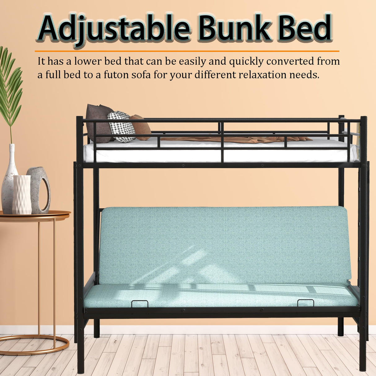 Twin Over Futon Bunk Bed, Metal Bunk Bed Convertible Couch and Bed, Metal Frame and 2 Ladder for Kids Teens Adults, Twin Over Full Bunk Beds, No Box Spring Needed Anwick