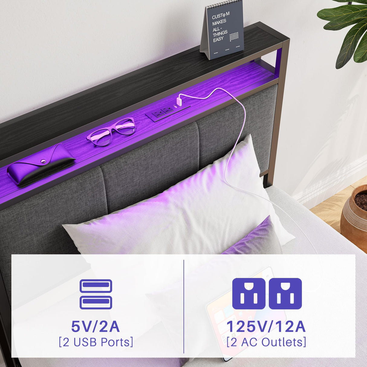 VECOCHO Twin Bed Frame with Charging Station and LED Lights,Upholstered Headboard with Storage Shelves,Heavy Duty Metal Slats, No Box Spring Needed,Noise Free, Easy Assembly,Black and Dark Grey VECOCHO