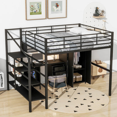 SOFTSEA Industrial Full Size Metal Loft Bed with Desk, Wardrobe, and Stairs for Small Spaces