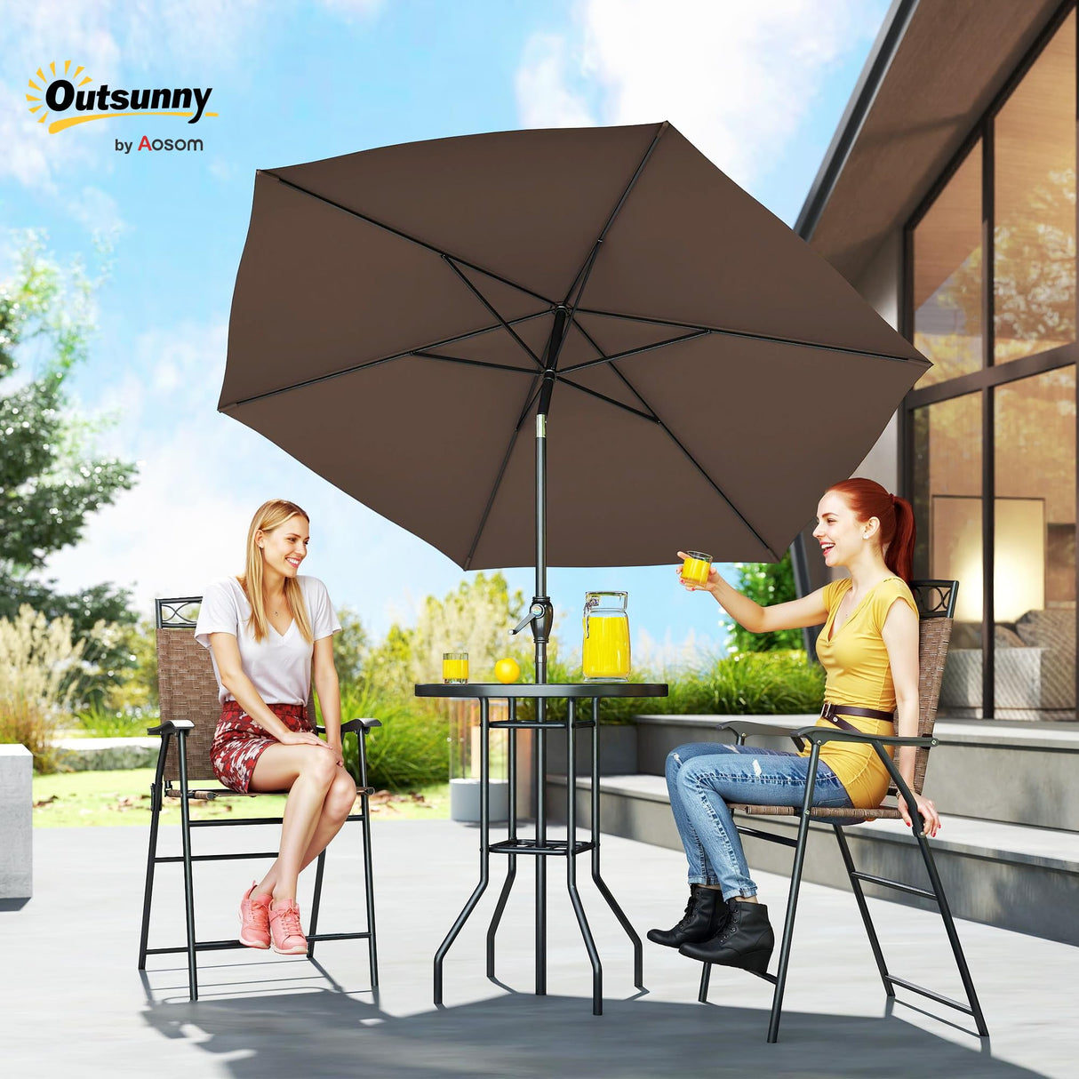 Outsunny 4 Piece Outdoor Bar Set with Umbrella, Patio Dining Set with 2 Folding Chairs, Wave Textured Tempered Glass Table for Backyard, Garden, Deck, Poolside, Brown Outsunny