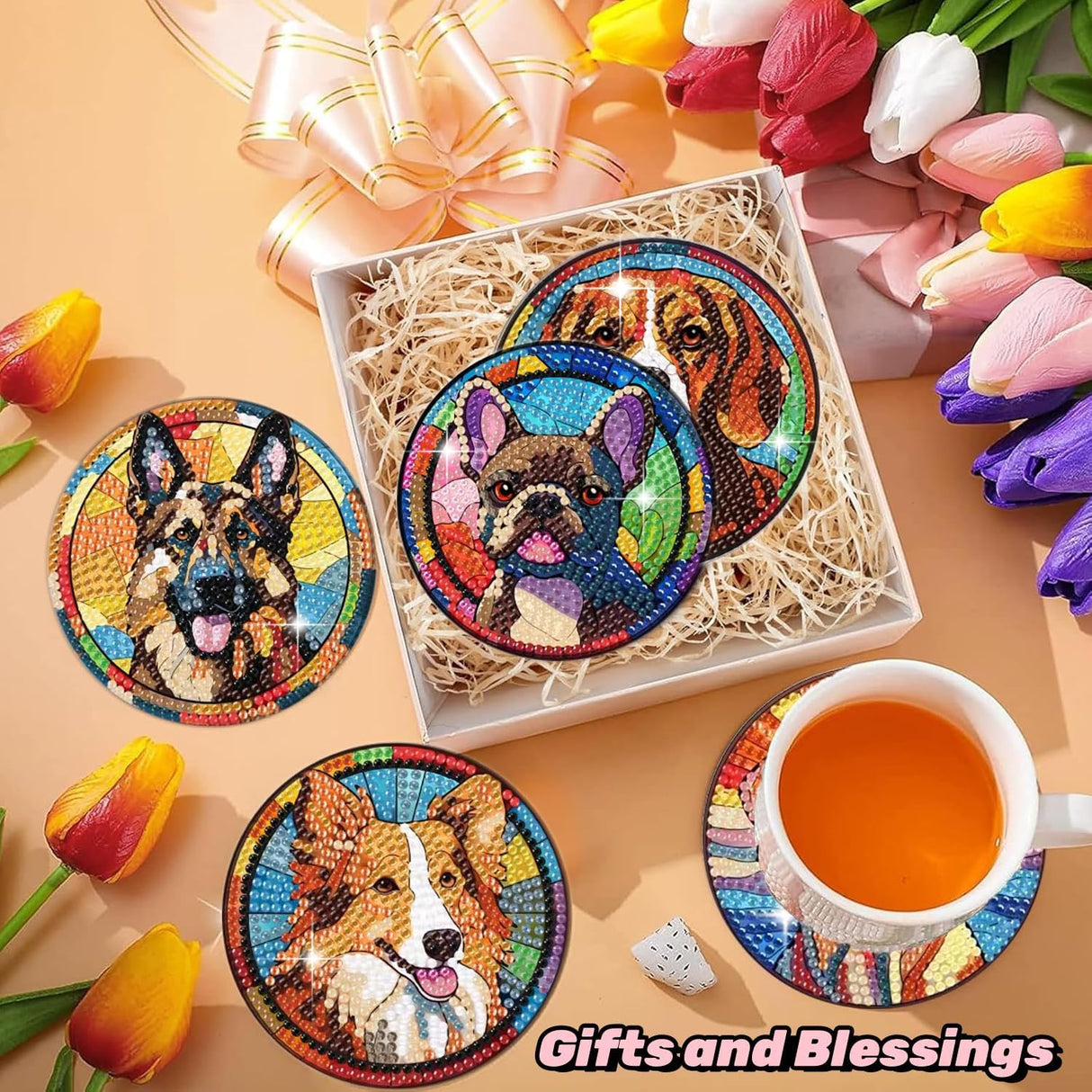 Puraikcmi 6pcs Dogs DIY Diamond Art Painting Kits Coasters with Holder, Diamond Coasters by Number Adults Crafts Full Drill Round Mosaic Stitch Art Craft Supplies Puraikcmi