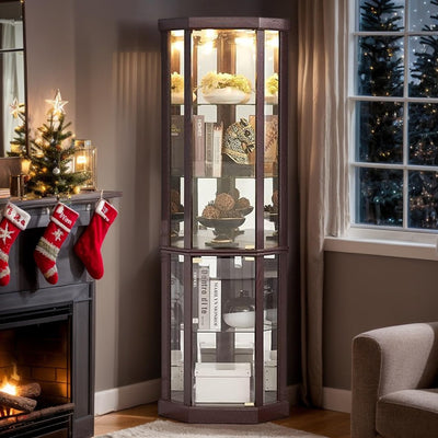 Eyisean 70" H Lighted Corner Curio Cabinet, Curio Display Cabinet with Tempered Glass Door and 5 Shelves, Light Bulb Included, Rack for Living Room (Dark Cherry)