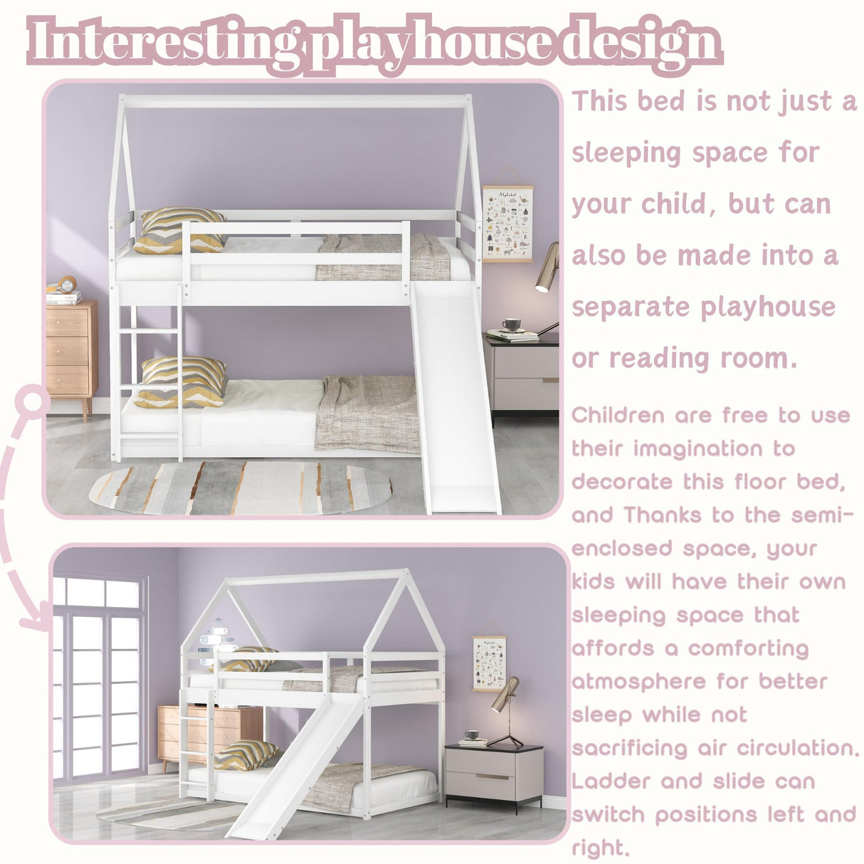 Harper & Bright Designs Twin Bunk Beds for Kids,Wood House Bunk Bed Twin Over Twin,Kids Bunk Bed with Slide and Roof for Girls Boys,White Harper & Bright Designs