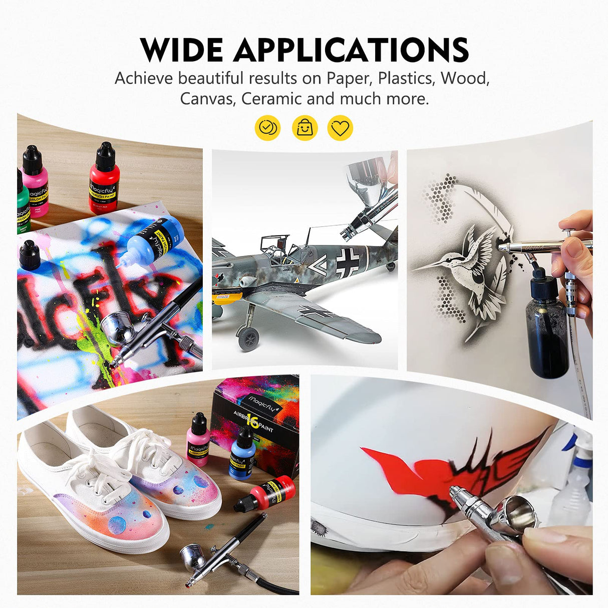 Magicfly Airbrush Paint, 16 Colors Acrylic Airbrush Paint Set (30 ml/1 oz), Ready to Spray, Opaque & Neon Colors, Water-based, Premium Kit for Beginners, Hobbyist and Artists Magicfly