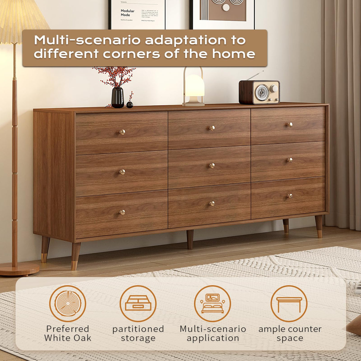 Messenya Mid Century Modern 9-Drawer Dresser, 63 Inch Wide Solid Wood Frame Chest, Walnut Finish, Beveled Design, Heavy-Duty Drawer Glides, Storage Cabinet for Bedroom, Living Room, TV Stand Messenya