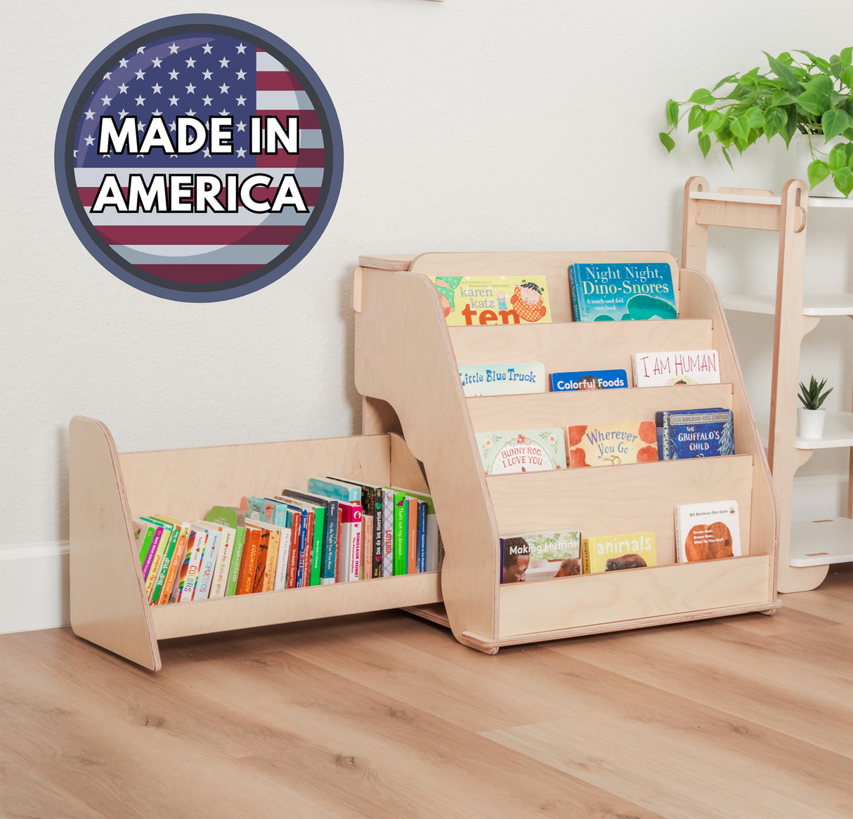dannico Montessori Bookshelf for Toddlers - Kids Front Facing Book Shelf with Hidden Drawer - Wooden Bookcase, Top Toy Storage Compartment (Right Sided Drawer) dannico