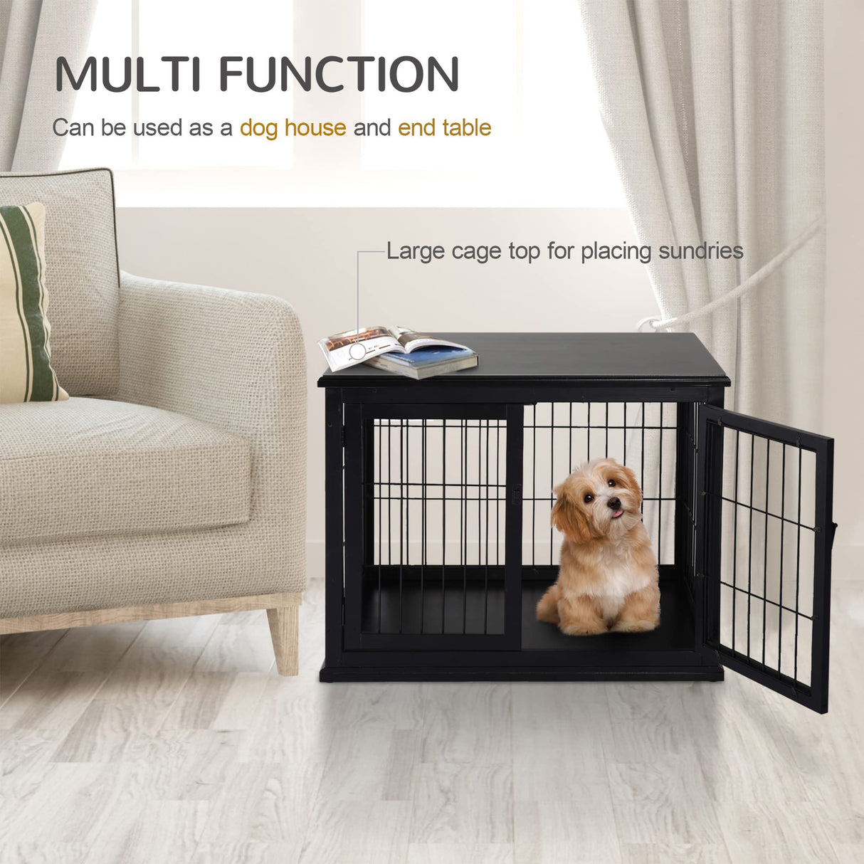 PawHut Dog Crate Furniture, Small Dog Cage End Table with Two Opening Sides, Lockable Door, Puppy Kennel Indoor, Cute and Decorative, Black PawHut