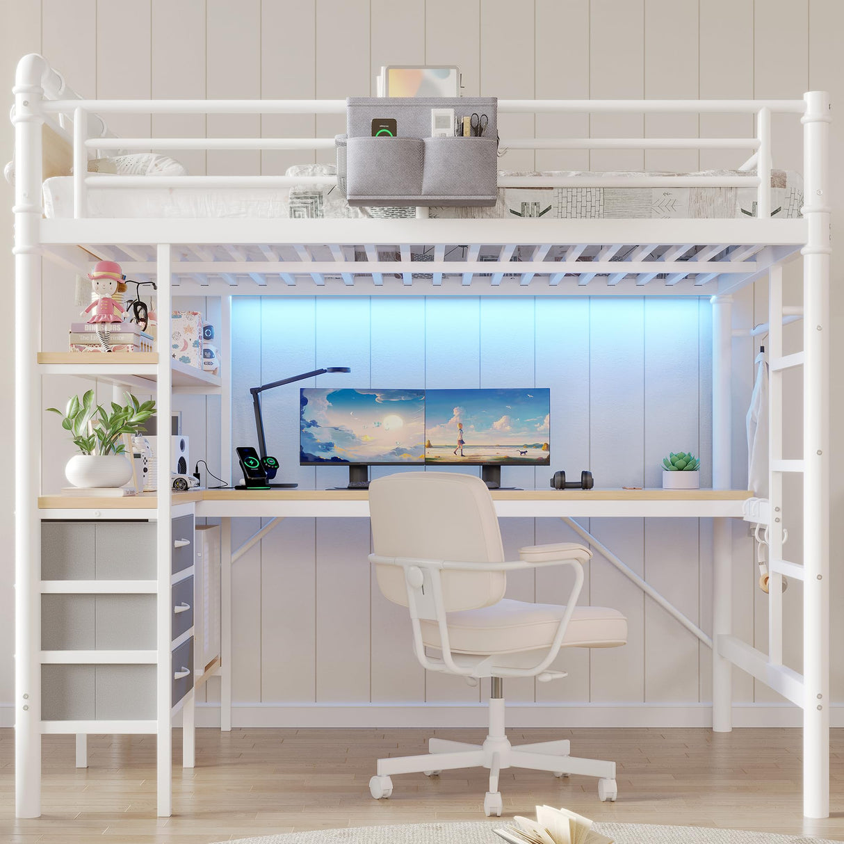 Jocoevol Full Size Loft Bed with L-Shaped Desk, LED Lights,Charging Station, Industrial Heavy Duty Metal Loft Bed Frame with 3 Storage Shelves and 3 Fabric Drawers, Safety Guard & Ladder, White Jocoevol