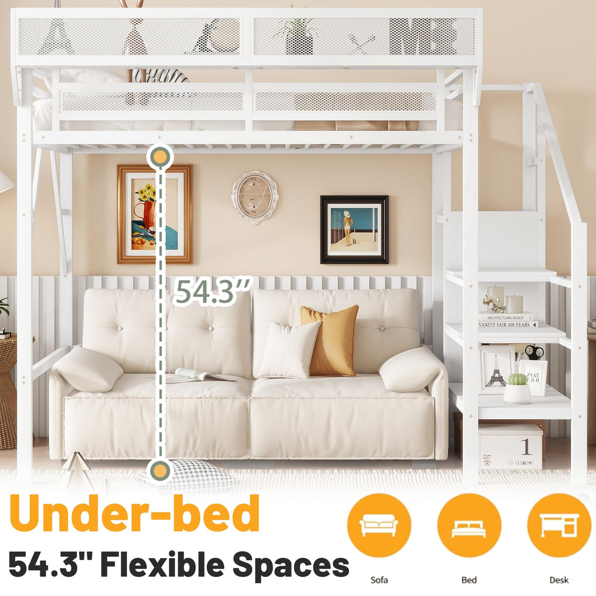 MoproBeti Twin Size Loft Bed with Stairs, Metal Loft Beds Twin with Storage Shelves, Adults Loft Bed with Wardrobe, Heavy Duty High Lofted Bed for Kids Teens,White + White Stair MoproBeti