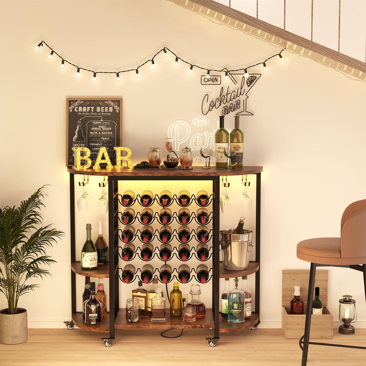 Dripex Wine Bar Table Cabinet with Power Outlet, LED Home Mini Bar Coffee Cabinet for Liquor, Metal Wine Bar Stand with 5-Tier Bottle Storage Shelves, Wine Racks with Glass Holders Dripex