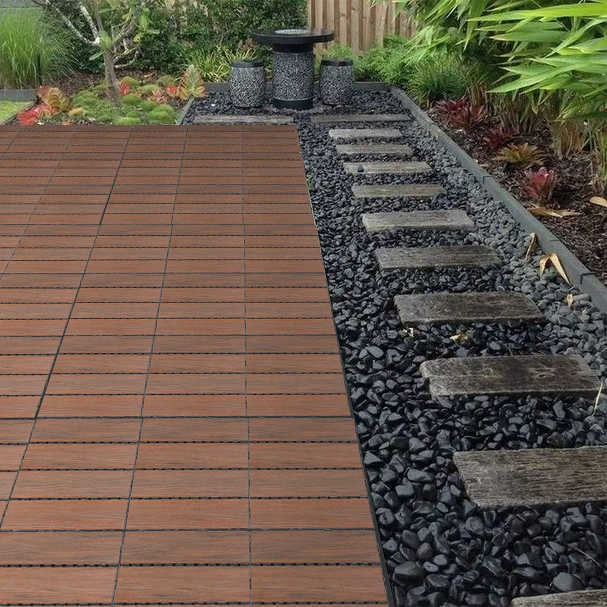 ECOOPTS 20"x20" Deck Tiles Interlocking Wood Flooring Patio Pavers Interlocking Patio Flooring Outdoor Wood Deck Tile, 6 Slat x 1 Box, Brown ECOOPTS