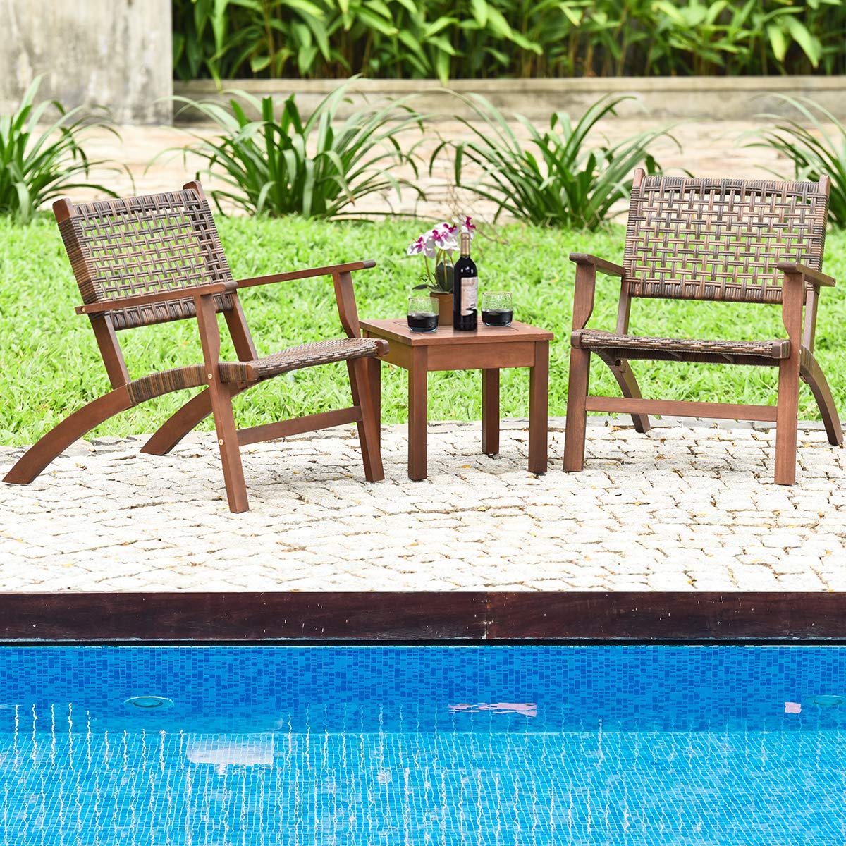 Tangkula 3 PCS Patio Conversation Set, Solid Eucalyptus Wood Frame Outdoor Wicker Furniture Set Bistro Set with Coffee Table, Rattan Furniture Set for Backyard Porch Garden Poolside Balcony (Brown) Tangkula