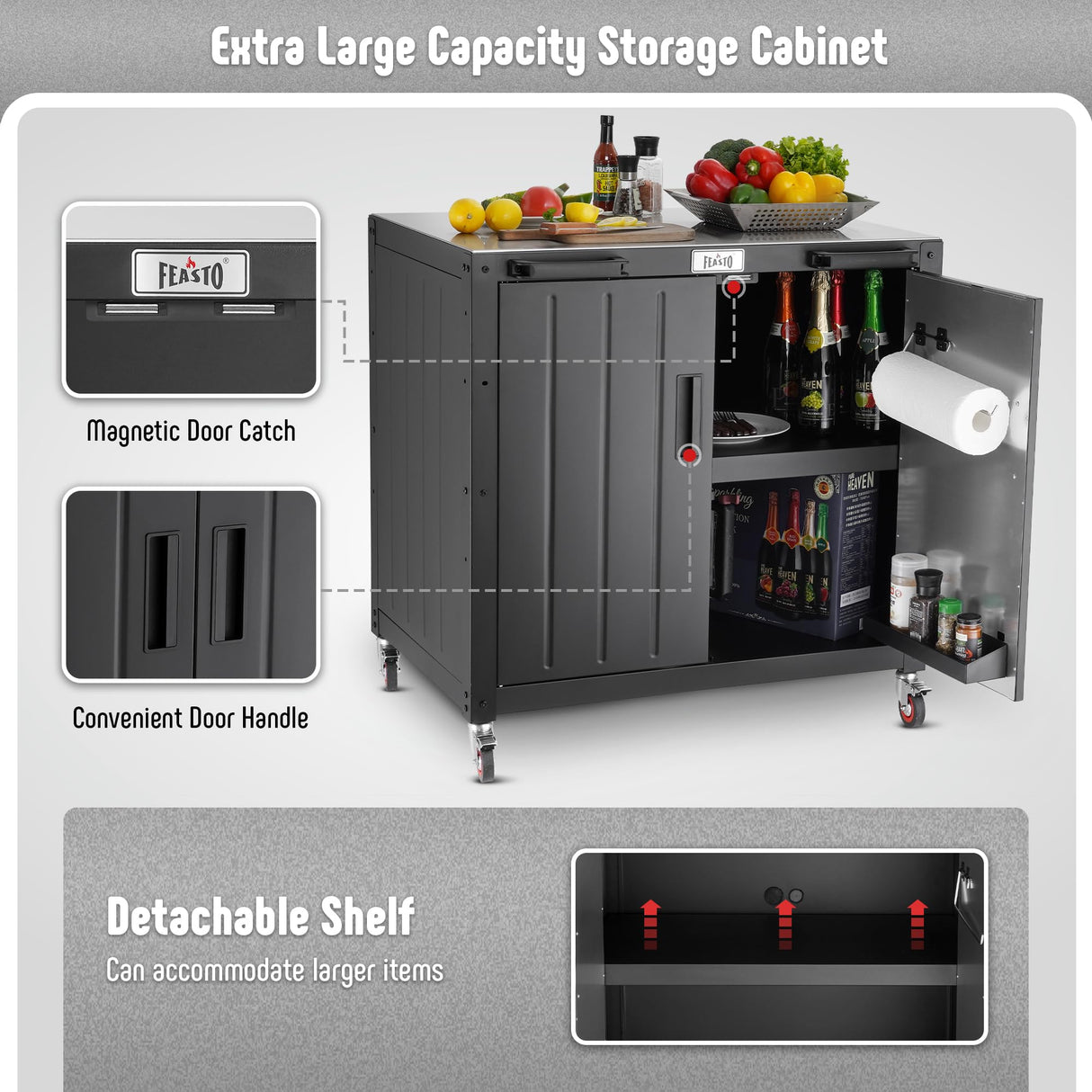FEASTO Grill Table, Outdoor Bar Cart Grill Cart with Storage Cabinet,Modular Outdoor Kitchen Island, Outdoor Grill Station with 304 Stainless Steel Top,Pizza Oven Table for Lawn & Garden,L35.4” x W24” Feasto
