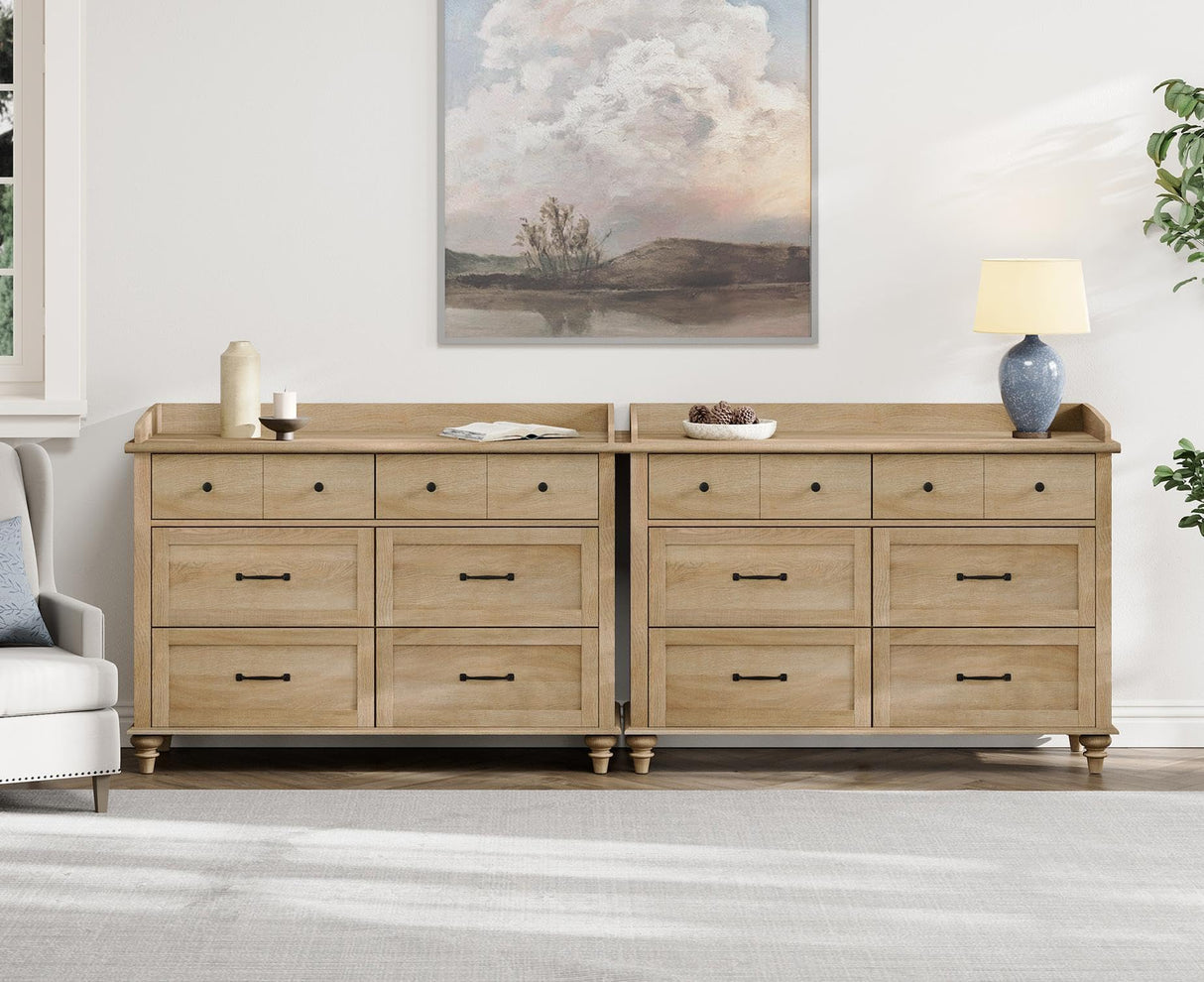 WAMPAT 12 Drawers Dresser for Bedroom, Set of 2 Farmhouse Dressers with 6 Drawers, Light Wood Kids Dresser for Closet, Wide Dressers Organizer for Living Room & Hallway, Oak WAMPAT