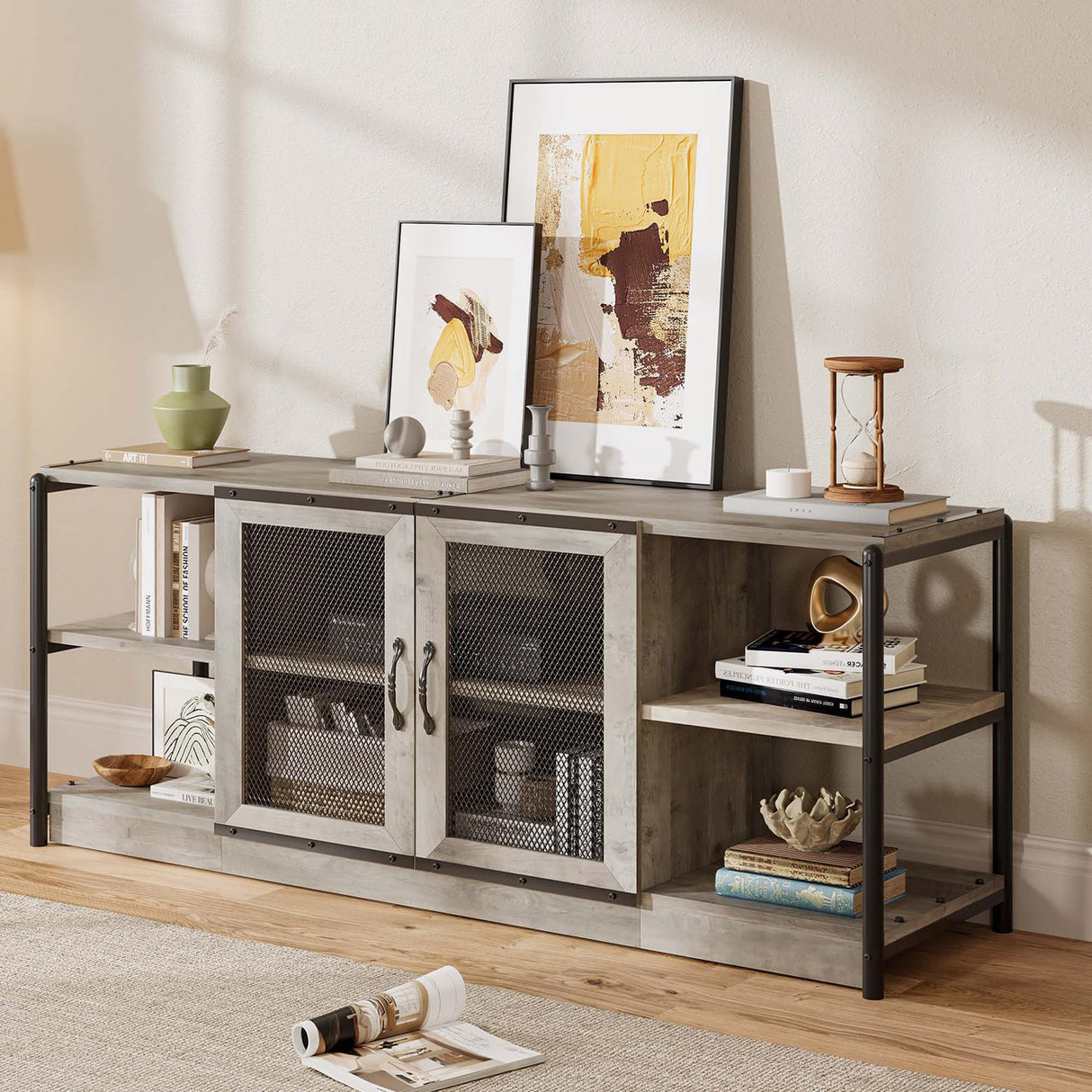 IDEALHOUSE Farmhouse TV Stand for 65/75 Inch TVs, Entertainment Center with Storage Cabinet, Industrial Media Console Table, Furniture for Living Room, Grey IDEALHOUSE