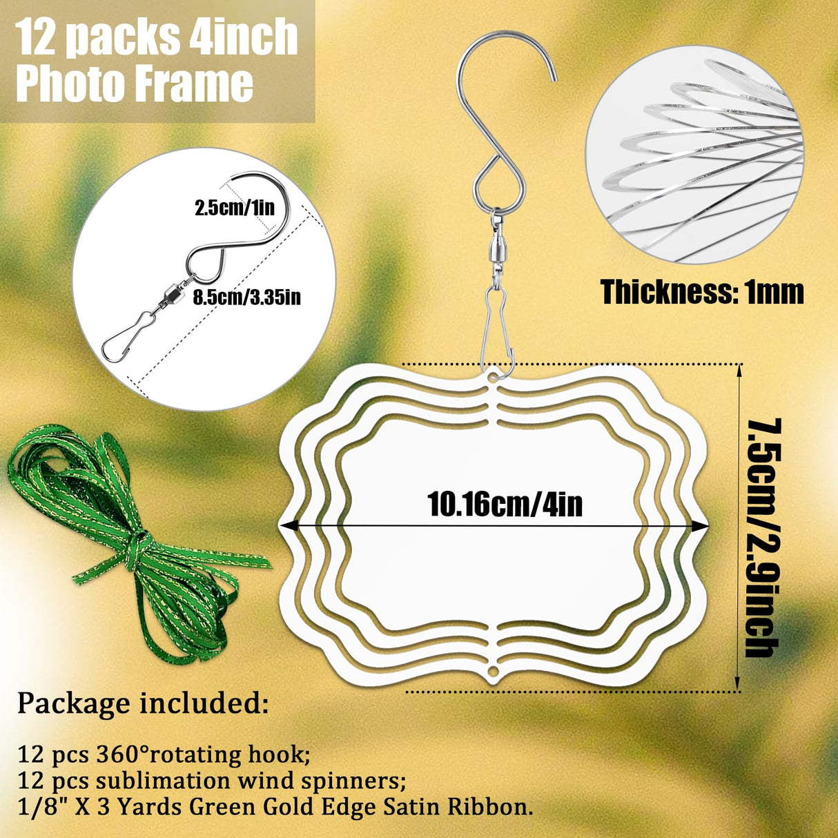 WindMage 12 Pack 4inch Sublimation Wind Spinner Blanks 3D Aluminum Metal Wind Sculpture Kinetic Spinners for Yard Garden Indoor Art Sublimation Christmas Ornament Hanging Decoration (Photo Frame) WindMage